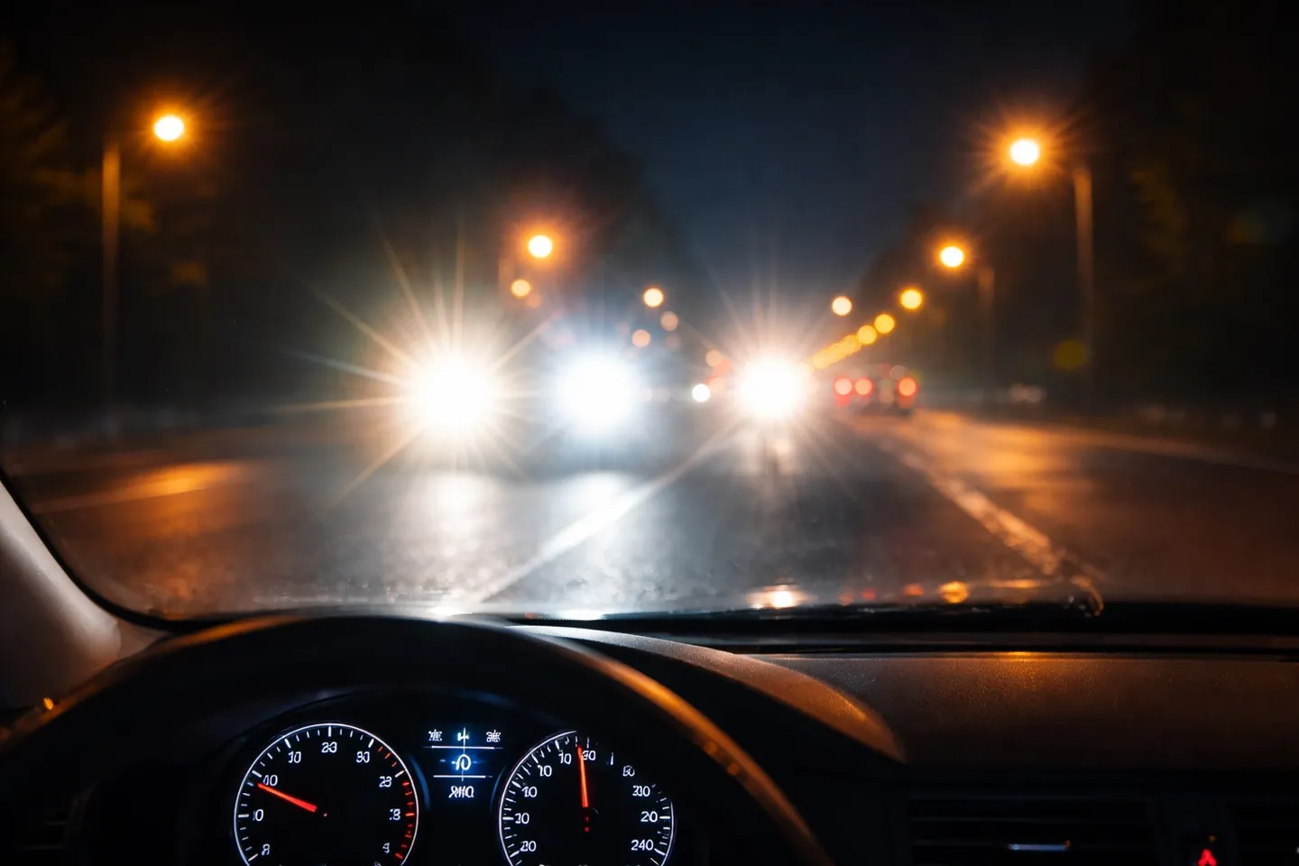 View from inside a car driving at night with bright headlights ahead.