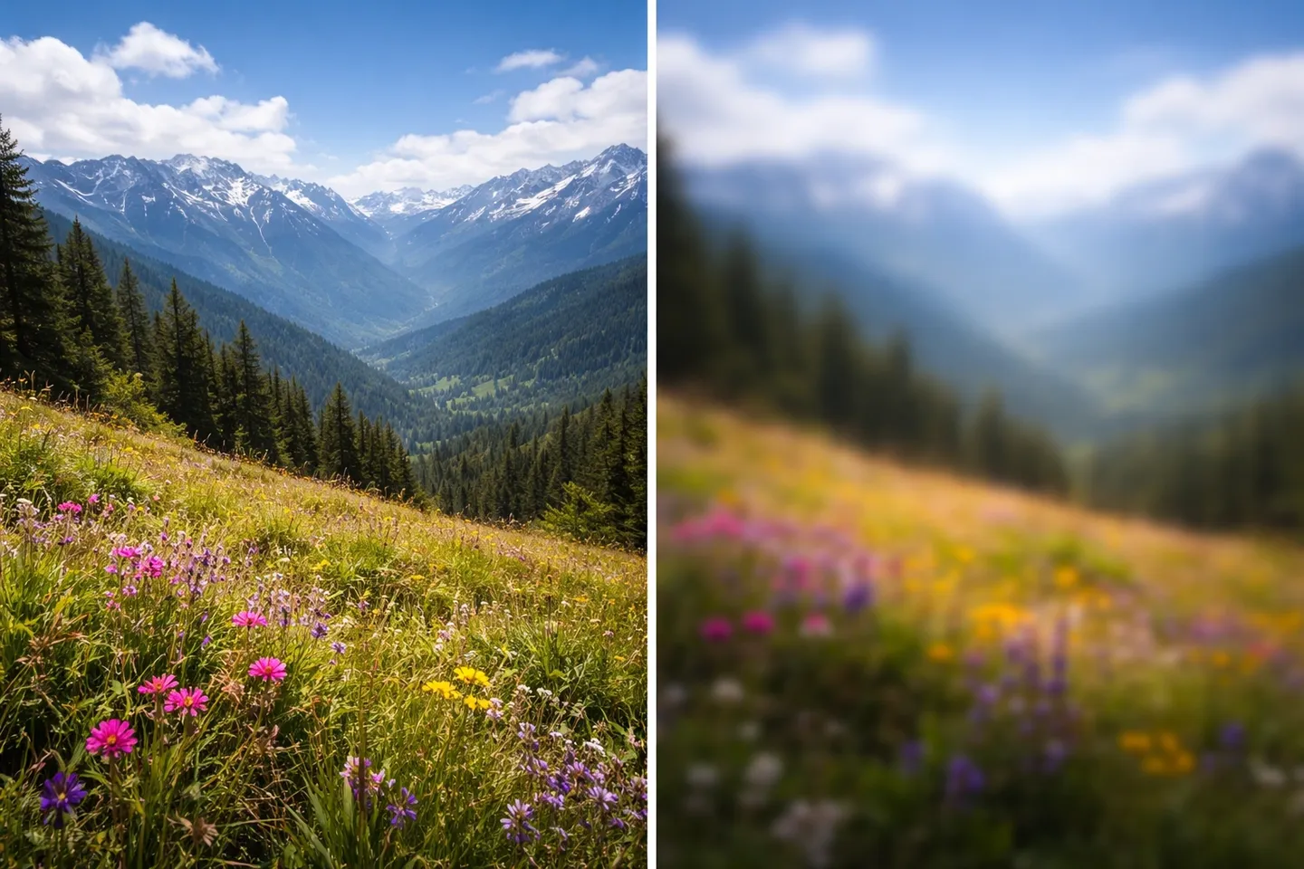 A scenic mountain landscape with wildflowers in the foreground, shown in sharp and blurred views.