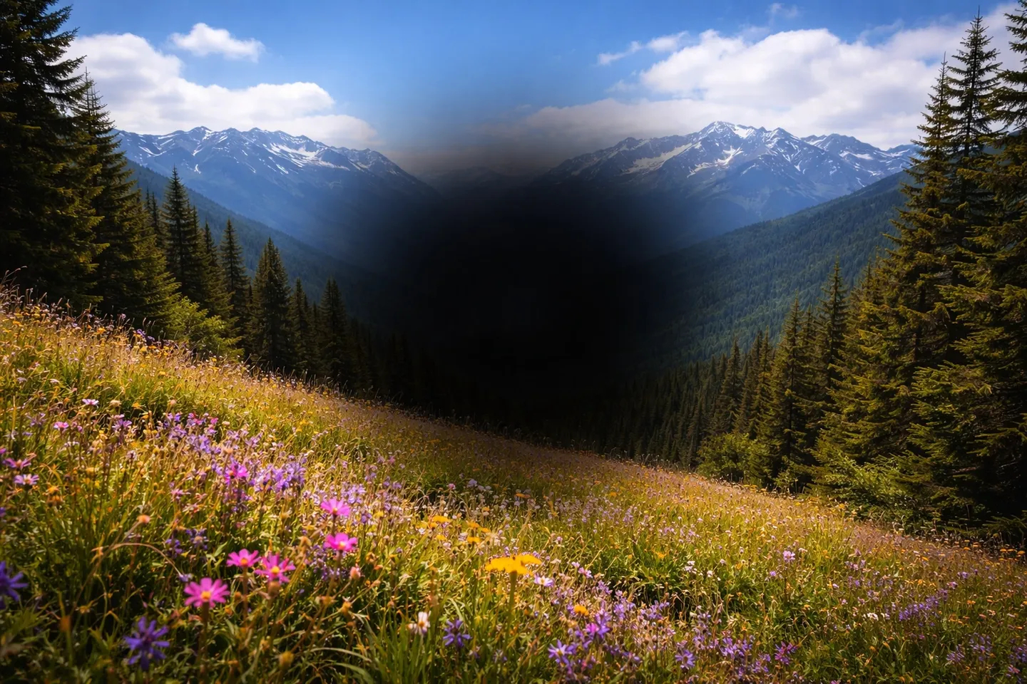 Mountain valley with colorful wildflowers under a partly cloudy sky, obscured by a black blur.