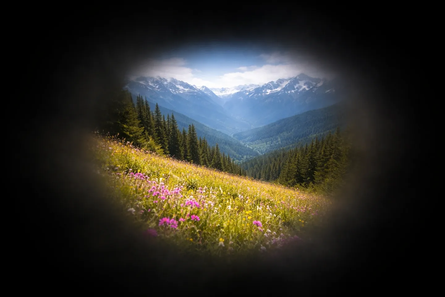 View of a mountain valley through a circular frame, with wildflowers in the foreground.