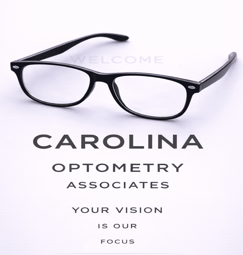 Black eyeglasses on a white surface with optometry text.