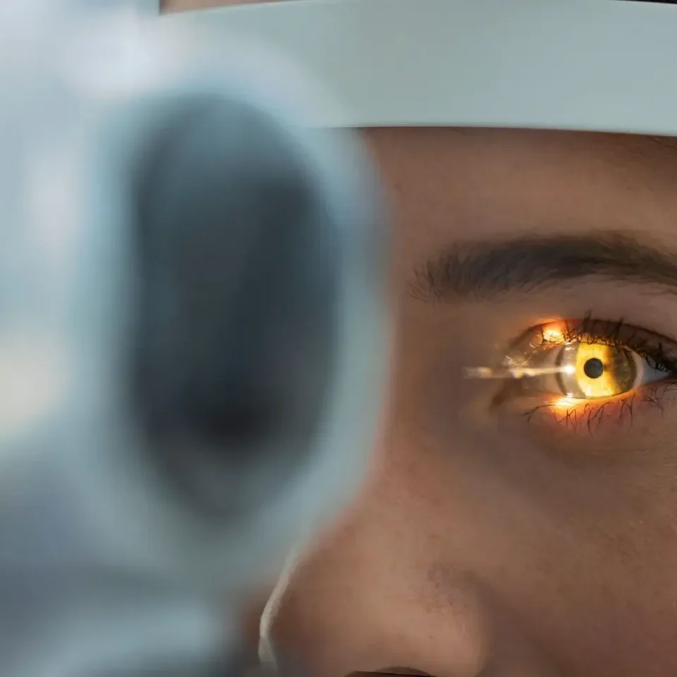 Close-up of a person aiming a gun with a fiery eye reflection.